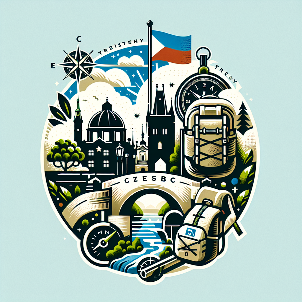 Logo pro web „Czech Tourism“, zaměřený na cestování po České republice. Styl: svěží, přívětivý, moderní. Prvky: silueta Karlova mostu, hrad, kompas, turistický batoh nebo značka turistické trasy. Barvy: modrá, zelená, bílá – symbolizující přírodu, historii a spolehlivost. Font: čistý bezpatkový, s cestovatelským nádechem.